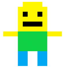 a pixel art of a yellow , green and blue roblox character with a sad face .