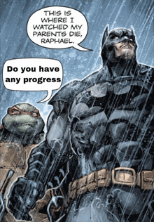 a comic book scene with batman and teenage mutant ninja turtles with a speech bubble that says do you have any progress