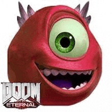 a red monster from monsters inc with a green eye and teeth is smiling .