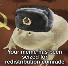 a frog wearing a military hat with the words `` your meme has been seized for redistribution comrade '' written on it .