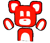 a red teddy bear with white circles on its ears and arms