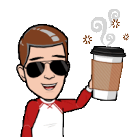 a cartoon man wearing sunglasses holds a cup of coffee