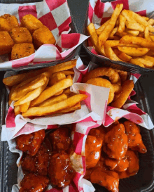 a tray of chicken wings and french fries on a table