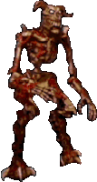 a skeleton with horns and claws is standing on a white background in a video game .