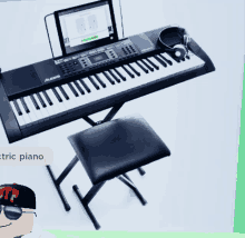 a keyboard with headphones and a tablet on top of it with the words electric piano below it