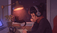 a girl wearing headphones is sitting at a desk with a cat and a lamp