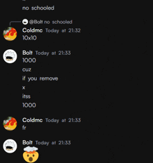 a screenshot of a conversation with bolt and coldmc