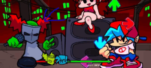 a cartoon of a girl sitting on a speaker and a boy playing a game