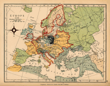 a map of europe in 1730 with a compass pointing north