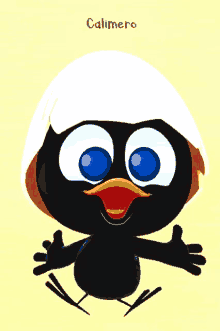 a cartoon drawing of a black bird with blue eyes and the name calimero on the bottom