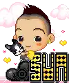 a pixel art drawing of a boy holding a dog with the word bua on the bottom
