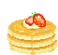 a pixel art illustration of pancakes with syrup and strawberries