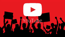 a crowd of people holding up signs and a youtube logo