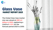 a glass vase with flowers in it and the words glass vase market report 2023 on the bottom