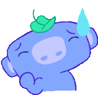 a cartoon drawing of a blue animal with a green leaf on its head