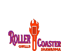 a logo for roller coaster grills shawarma with flames