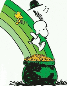 snoopy and woodstock are jumping over a pot of gold