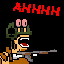 a pixel art of a man holding a gun with the word ahhh in red letters