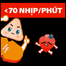 a cartoon of a triangle pointing at a heart with the words < 70 nhip / phút