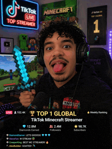 a man wearing headphones is holding a diamond sword in front of a minecraft sign