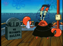 a cartoon crab is standing next to a gravestone that says r.i.p.