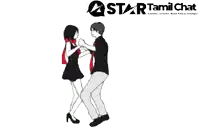 a man and woman are dancing in front of a sign that says star tamil chat