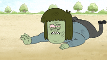 a cartoon character with green hair is laying on the ground with his hands outstretched