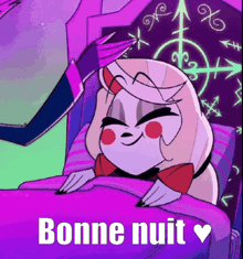 a cartoon character is laying in a bed with the words " bonne nuit " on the bottom