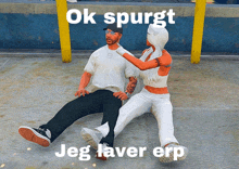 a man laying on the ground next to a woman with the words " ok spurgt jeg laver erp " above them