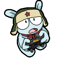 a cartoon of a rabbit wearing a hat and holding a game controller that says miu on it