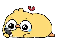 a cartoon chicken is crying while looking at a cell phone with a broken heart above it