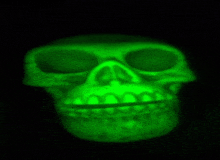 a glow in the dark skull is glowing in the dark on a black background .