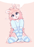 a drawing of a bunny girl with pink hair and blue socks