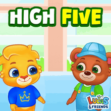two teddy bears are standing next to each other in front of a sign that says " high five "