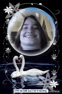 a picture of a woman surrounded by swans with the caption i love my best bud j he is my king