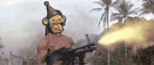 a pixelated monkey is holding a gun in a field .