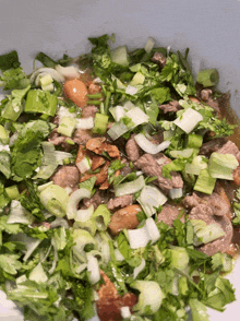 a white bowl filled with meat and vegetables including onions