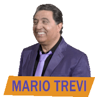 a man in a purple suit and tie is behind a mario trevi banner