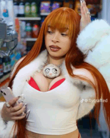 a woman with red hair is wearing a white fur coat and a red bra .