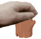 a pixelated image of a hand holding a small object