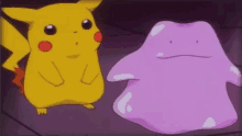 a yellow pikachu and a purple ditto are standing next to each other in a dark room .