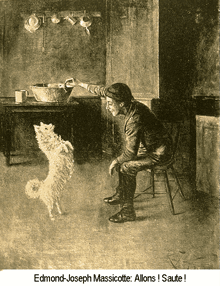 a black and white drawing of a man and a dog by edmond joseph massicotte