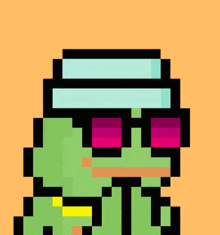 a pixel art of a frog wearing pink sunglasses and a hat