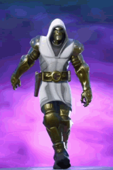 a superhero with a white hood and gold armor is walking