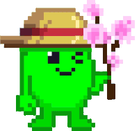 a pixel art of a green character wearing a straw hat and holding a branch of pink flowers