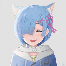 a drawing of a girl with blue hair and cat ears