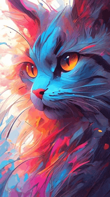 a colorful painting of a blue cat with yellow eyes and a red nose