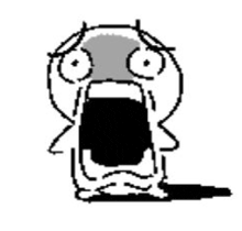 a black and white drawing of a cartoon character with a surprised face .