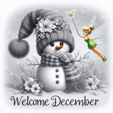 a snowman wearing a hat and scarf is surrounded by flowers and a fairy with a wand .