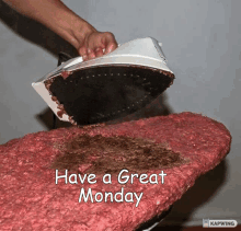 a person is ironing a piece of meat on an ironing board with the words have a great monday